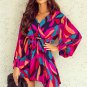 Fiery Red Abstract Printed Belted Puff Sleeve Mini Dress