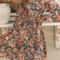 Brown Geometric Print Long Sleeve Surplice Flowy Dress