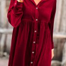 Fiery Red Long Sleeve Ruffle Velvet Button Up Dress