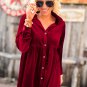 Fiery Red Long Sleeve Ruffle Velvet Button Up Dress
