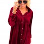 Fiery Red Long Sleeve Ruffle Velvet Button Up Dress