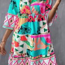 Multicolour Abstract Printed Half Sleeve Notched Neck Mini Dress