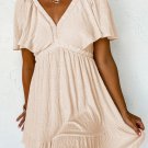 Beige Textured Deep V Neck Cutout Back Mini Dress