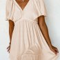 Beige Textured Deep V Neck Cutout Back Mini Dress