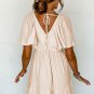Beige Textured Deep V Neck Cutout Back Mini Dress