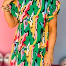 Green Abstract Print Frilled Neck Ruffled Sleeve Mini Dress