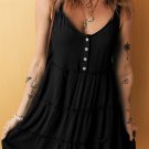 Black Button V Neck Frilly Tiered Sleeveless Dress