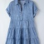 Sky Blue Acid Wash V Neck Tiered Denim Dress
