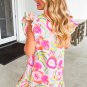 Pink Abstract Floral Ruffle Trim Flutter Sleeve Buttoned Dress