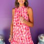 Pink Abstract Print Frilly Neck Sleeveless Mini Dress