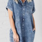 Blue Mineral Wash Cuffed Sleeve Frayed Hem Denim Dress