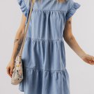 Beau Blue Ruffle Short Sleeve Tiered A-line Denim Dress