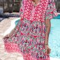 Pink Bohemian Print Tie Neck Ruffle Hem Short Dress