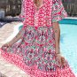 Pink Bohemian Print Tie Neck Ruffle Hem Short Dress