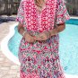 Pink Bohemian Print Tie Neck Ruffle Hem Short Dress
