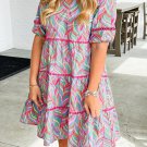 Light Blue Abstract Printed Ricrac Tiered Puff Sleeve Dress