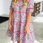 Light Blue Abstract Printed Ricrac Tiered Puff Sleeve Dress