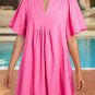 Bonbon Split V Neck Short Flutter Sleeve Pleated Shift Dress
