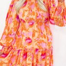 Orange Abstract Print Smocked Lantern Sleeve Ruffle Mini Dress