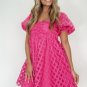 Strawberry Pink Checkered Puff Sleeve Babydoll Dress