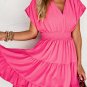 Strawberry Pink Ruched Sleeve V Neck Smock Waist Tiered Ruffled Dress