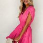 Strawberry Pink Ruched Sleeve V Neck Smock Waist Tiered Ruffled Dress