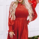 Red Clay Frilled Neck Smocked Bodice Velvet Dress