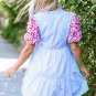 Sky Blue Stripe Contrast Floral Puff Sleeve Tiered Ruffle Dress