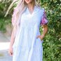 Sky Blue Stripe Contrast Floral Puff Sleeve Tiered Ruffle Dress