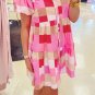 Pink Plaid Print Puff Sleeve Buttoned Tiered Dress