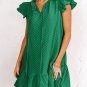 Blackish Green Flutter Sleeve Ruffled Textured Shift Dress