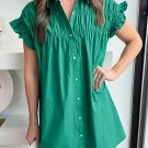 Bright Green Shirred Ruffle Sleeve Button Up Short Dress