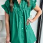 Bright Green Shirred Ruffle Sleeve Button Up Short Dress