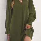 Green Split V Neck Ruffled Sleeves Shirt Dress