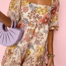 Khaki Floral Short Sleeve Square Neck Mini Dress