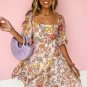 Khaki Floral Short Sleeve Square Neck Mini Dress