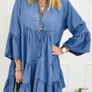 Sky Blue Chambray Ruffled 3/4 Sleeve Tiered Split V Neck Mini Dress