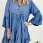 Sky Blue Chambray Ruffled 3/4 Sleeve Tiered Split V Neck Mini Dress