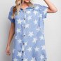 Sky Blue Stars Frayed Hem Collared Short Sleeve Denim Dress