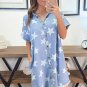 Sky Blue Stars Frayed Hem Collared Short Sleeve Denim Dress