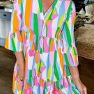 Green Abstract Print Ruffled Sleeve V Neck Dress