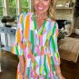 Green Abstract Print Ruffled Sleeve V Neck Dress