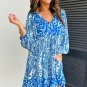Sky Blue Bohemian Print Puff Sleeve Tied V Neck Flared Mini Dress