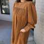 Desert Gold Corduroy Pleated Puff Sleeve Shift Short Dress