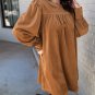 Desert Gold Corduroy Pleated Puff Sleeve Shift Short Dress