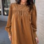 Desert Gold Corduroy Pleated Puff Sleeve Shift Short Dress