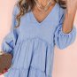 Beau Blue Puff Sleeve V Neck Tiered Ruffled Chambray Mini Dress