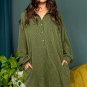 Moss Green Corded Buttons Placket Drop Shoulder Collared Shift Dress