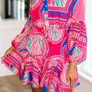 Rose Boho Abstract Printed Puff Sleeve Drawstring Waist Ruffled Mini Dress
