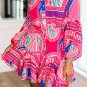 Rose Boho Abstract Printed Puff Sleeve Drawstring Waist Ruffled Mini Dress